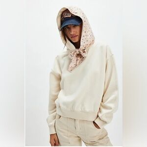 Free People Floral Scarf Hood Sweatshirt M Cream Boho Cozy Pullover